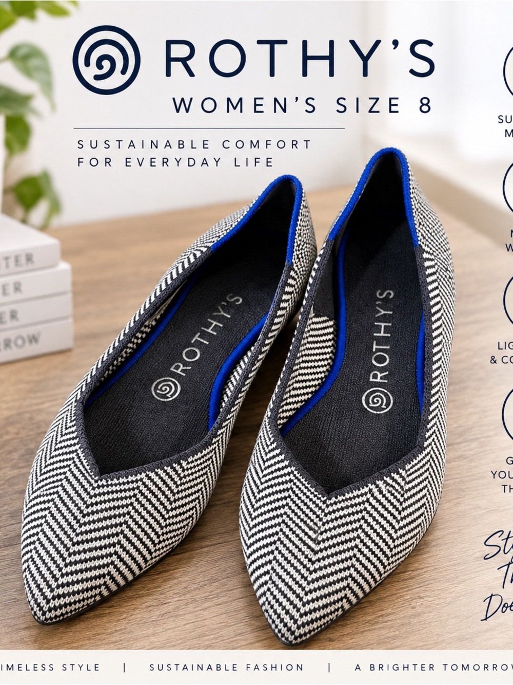 Rothy's Black & White Herringbone Pointed Toe Flats with Blue Trim